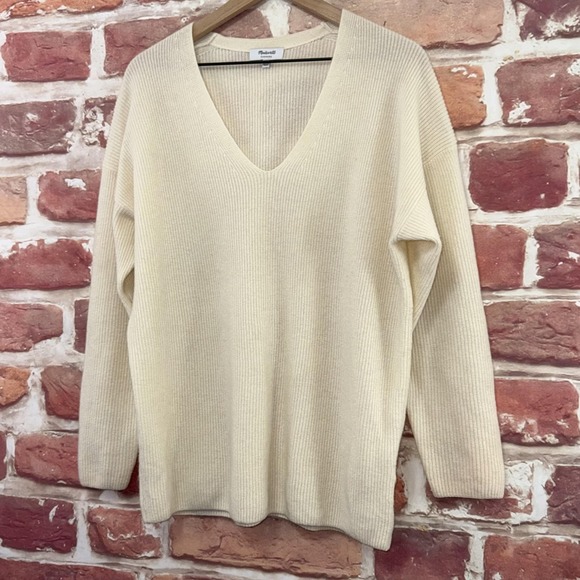 Madewell Sweater Women's S Cream 100% Cashmere V Neck Ribbed Knit Pullover - Picture 3 of 9